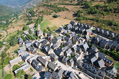 Aerial view of Vilac village on sunny summer day. Aran Valley, Catalonia, Spain.