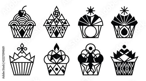 Minimalist black and white cupcake illustrations featuring various geometric shapes