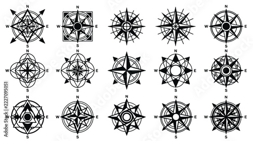 Set of fifteen black geometric compass rose icons for navigation