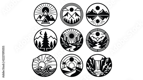 Minimalist black nature landscape badges featuring mountains forests and rivers