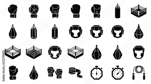 Set of black boxing icons for sport training and fitness