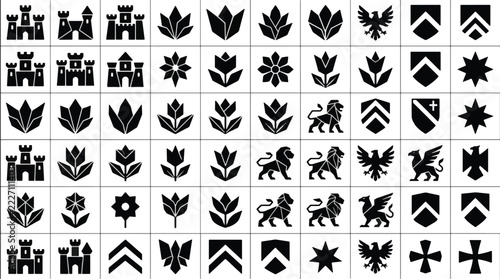 Black minimalist heraldic icon set featuring castle lion eagle shield