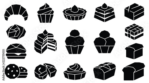 Black geometric bakery icons set featuring various cakes and breads