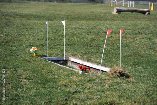 Fotografie Trakehner style ditch barrier with flowers on an outdoor equestrian racetrack