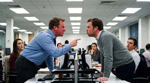 Office Conflict: Two businessmen engaged in an intense argument, with colleagues observing in the background of a modern office setting.