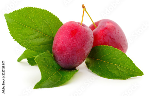 two red plums Prunus domestica with green leaves isolated on white background