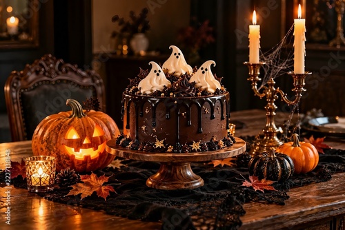 Halloween Chocolate Cake with Meringue Ghosts, Glowing Jack-O'-Lanterns and Elegant Candlelight