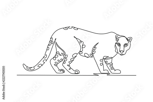 Canvas Print Single continuous line drawing wild leopard prowling stealthily across ground, spotted rosettes, feline muscularity, long tail, focused predator gaze