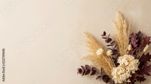 Dried floral arrangement with pampas grass and hydrangea on textured neutral