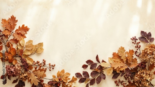 Seasonal dried autumn leaf garland on a light textured neutral background