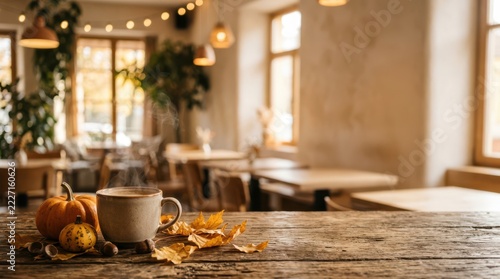 Warm mug of coffee with a small pumpkin on a rustic wooden cafe table