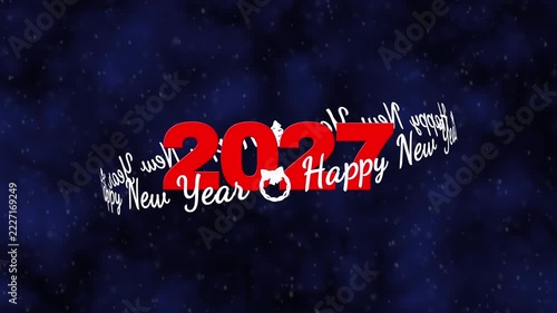 Аnimated new year greeting card with red numbers two thousand twenty seven on blue background