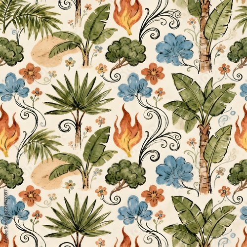 Seamless tropical folk art watercolor pattern with banana trees, palm leaves, flowers, and flames
