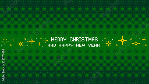 Pixel art Christmas and New Year greeting text with festive star decorations on green background. Holiday season celebration card. Retro arcade style vector banner.