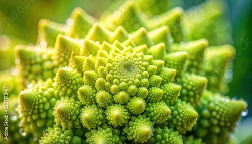 Macro closeup of a fresh Romanesco broccoli head displaying intricate logarithmic golden spiral florets and crisp organic fractal geometry