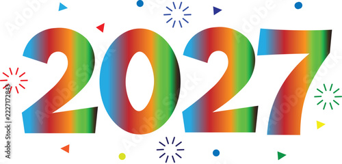 Colorful 2027 new year typography text design with rainbow gradient and confetti