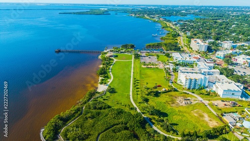 Drone view of Safety Harbor Waterfront Park and Pier on coastal Tampa Bay, Florida