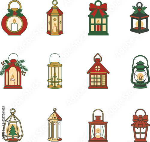 Collection of colorful vector lanterns and festive houses against a white background depicting holiday decorations lantern buildings celebration seasonal winter