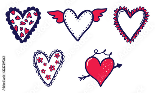 Hand drawn red and navy blue heart doodle set, sketchy winged cupid arrow, stitched and floral love symbols line art illustrations isolated on white background