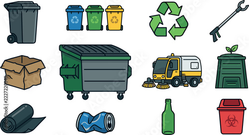 Waste Management and Recycling Equipment Icons Vector Set Wheelie Dustbin Sorting Recycle Bins Recycling Symbol Trash Grabber Cardboard Box Industrial Dumpster Street Sweeper