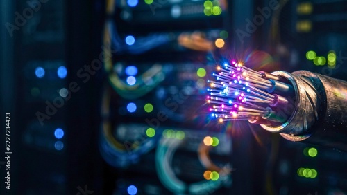 Fiber optic cable with glowing light strands in server room for high speed internet, data transmission and telecommunications infrastructure