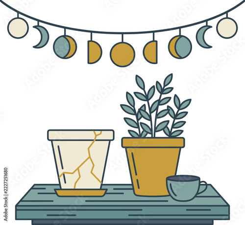 Wooden Shelf with Kintsugi Pot Houseplant Tea Cup and Moon Garland