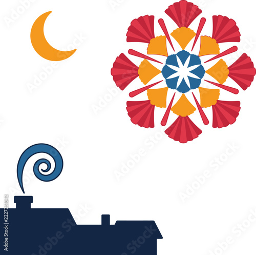 Night Rooftop Silhouette with Crescent Moon Smoke and Firework