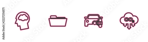 Set line Head silhouette with cloud, Car sharing, Folder and CO2 emissions icon. Vector