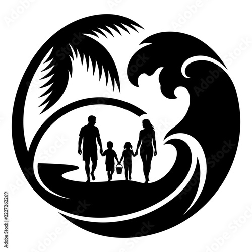 Family walking on tropical beach silhouette black round emblem for decor