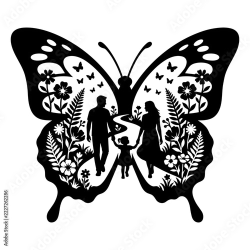 Family walking through floral garden meadow inside butterfly wing