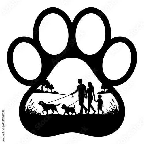 Family walking pet dogs in park landscape inside large paw print