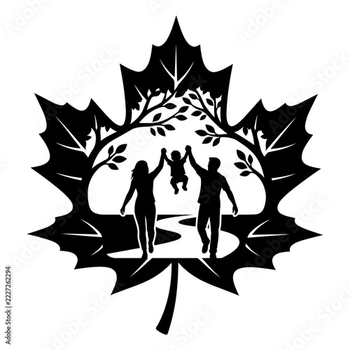 Family with baby walking in maple leaf forest nature illustration