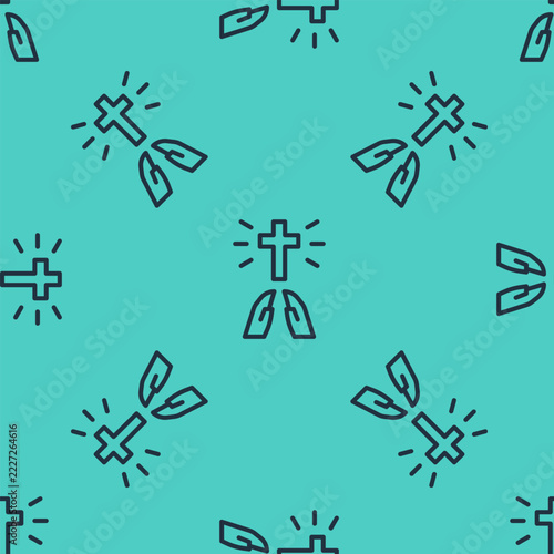 Black line Hands in praying position icon isolated seamless pattern on green background. Prayer to god with faith and hope. Vector