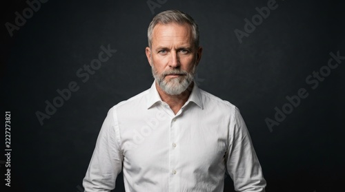 A handsome middle aged man with a gray beard and white shirt looking directly at the camera.