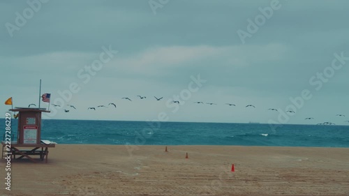 A flock of seabirds flies above a lifeguard tower and sandy Newport Beach beneath an overcast sky.
