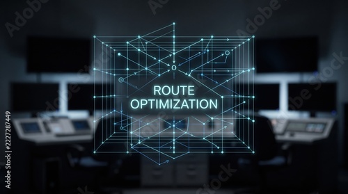 Digital network visualization depicting smart logistical planning and efficient pathfinding, set in a futuristic control room to represent advanced operational analytics