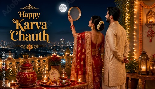 Happy karva chauth celebration with a couple looking at the full moon through a sieve