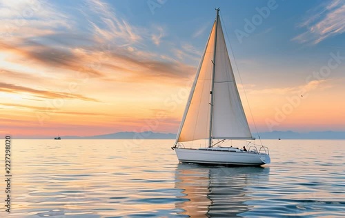 White sailboat with two raised sails on calm sea at sunset, distant mountain silhouettes on the horizon