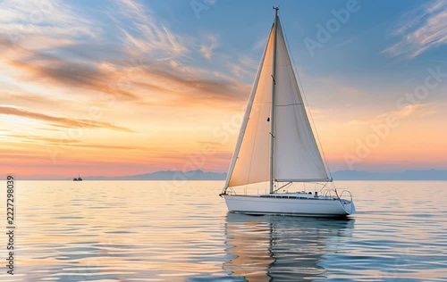 White sailboat with two raised sails on calm sea at sunset, distant mountain silhouettes on the horizon