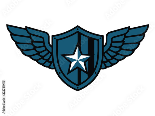 Winged shield emblem with star icon on white background