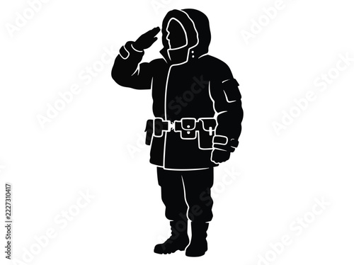 Military soldier in arctic winter gear saluting silhouette