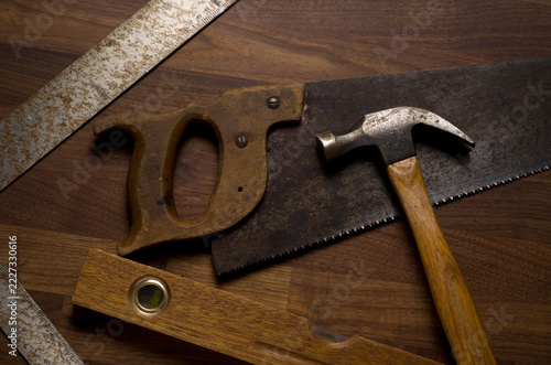 Vintage Carpenter Tools on Wood Table
