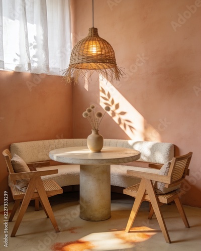 Cozy Japandi style dining nook with wooden chairs and rattan pendant lamp