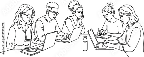 Obraz na plátně Five diverse students collaborating at a desk with laptops and study materials in a clean line art style