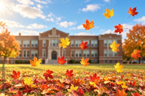 Vibrant autumn maple leaves falling in front of a brick schoolhouse building on a sunny day.