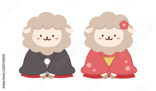 着物を着て座る羊のペア　主線なし