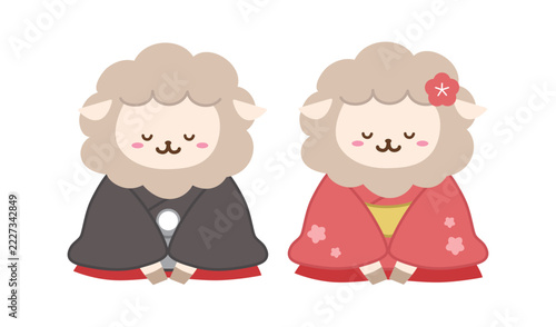 着物を着てお辞儀する羊のペア　主線なし