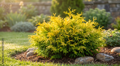 A vibrant chamaecyparis gold bush glowing in a beautifully landscaped sunny garden with lush green lawn and rocks