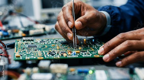 Technician using tweezers repairing electronic circuit board with