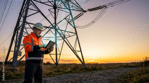 Engineer using a tablet near power pylons with digital overlays at sunset, suitable for energy sector news, smart grid technology and utility services